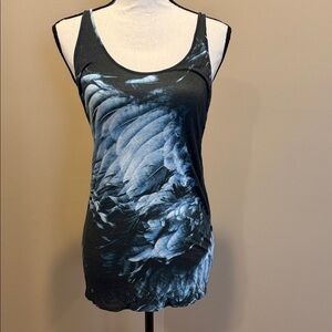 Helmut Lang Black and Blue Feather Print Tank Top